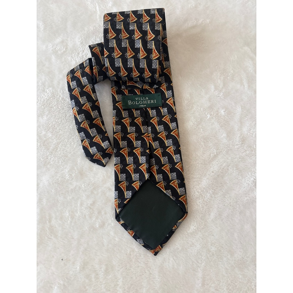 Villa Bolgheri Italia Mens Silk Tie Black Gold Silver Geometric Abstract Italy - Picture 3 of 5